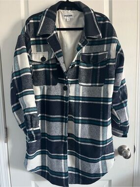 Vigoss Women's Long Navy, White & Teal Plaid Jacket Size Large